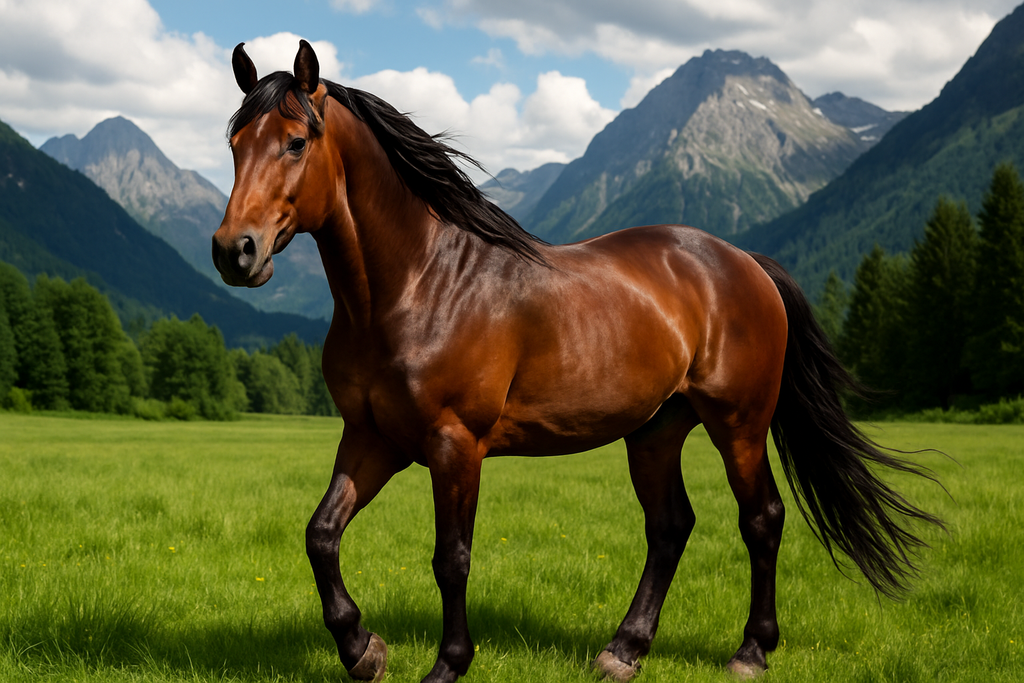 A beautiful, majestic horse standing in a green meadow with mountains in the background