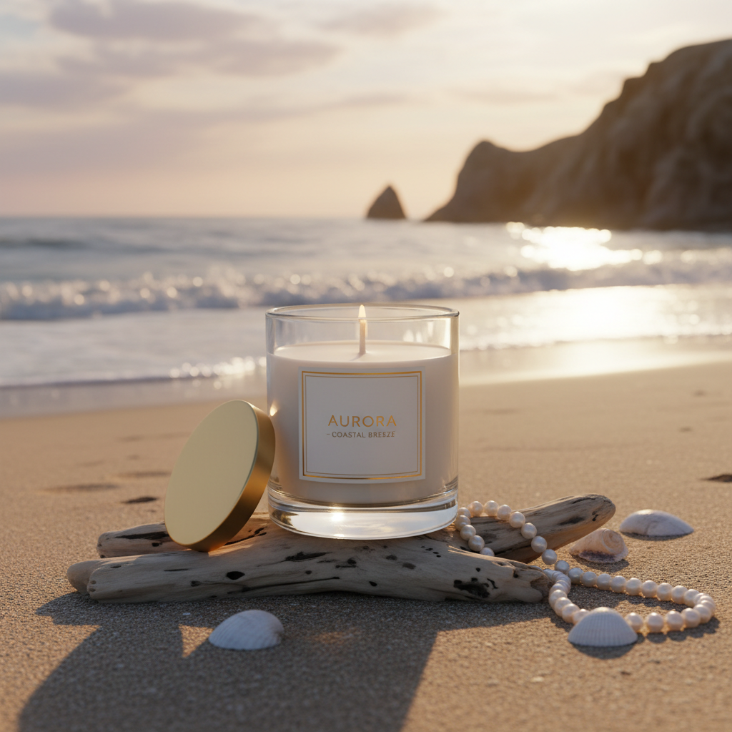 Luxury candle styled at a golden hour beach with ocean waves
